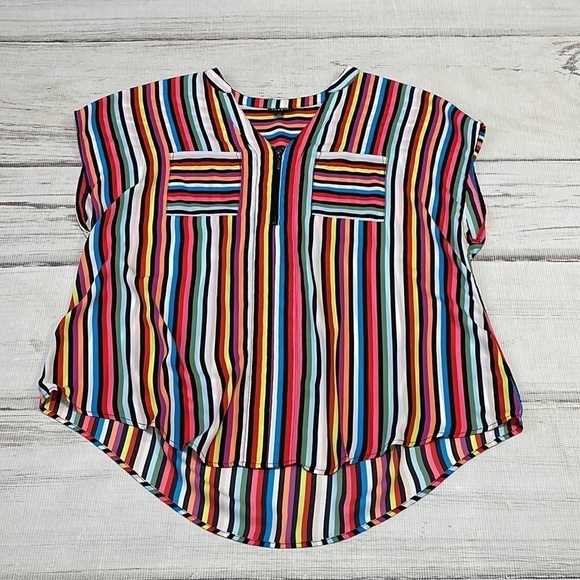 Torrid Top Blouse Quarter Zip Short Sleeves Colorful Stripes Pink Blue Size 12 - Picture 9 of 12